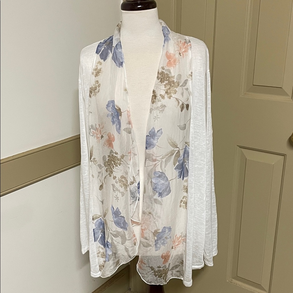 Floral Print Women's Cardigan - White and Blue